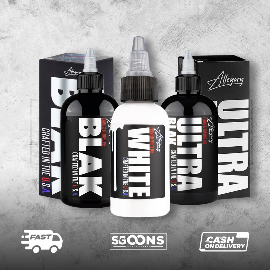 Original Allegory Premium Tattoo Ink Ultra Blak Blak White 8oz 4oz 1oz 1/2oz | SGOONS TATTOO SUPPLY Original Allegory Premium Tattoo Ink Ultra Blak Blak White 8oz 4oz 1oz 1/2oz | SGOONS TATTOO SUPPLY