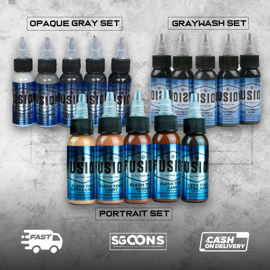 Fusion Tattoo Portrait Set Opaque Gray Gray Wash Flesh Tone Ink Made in USA | SGOONS TATTOO SUPPLY Fusion Tattoo Portrait Set Opaque Gray Gray Wash Flesh Tone Ink Made in USA | SGOONS TATTOO SUPPLY