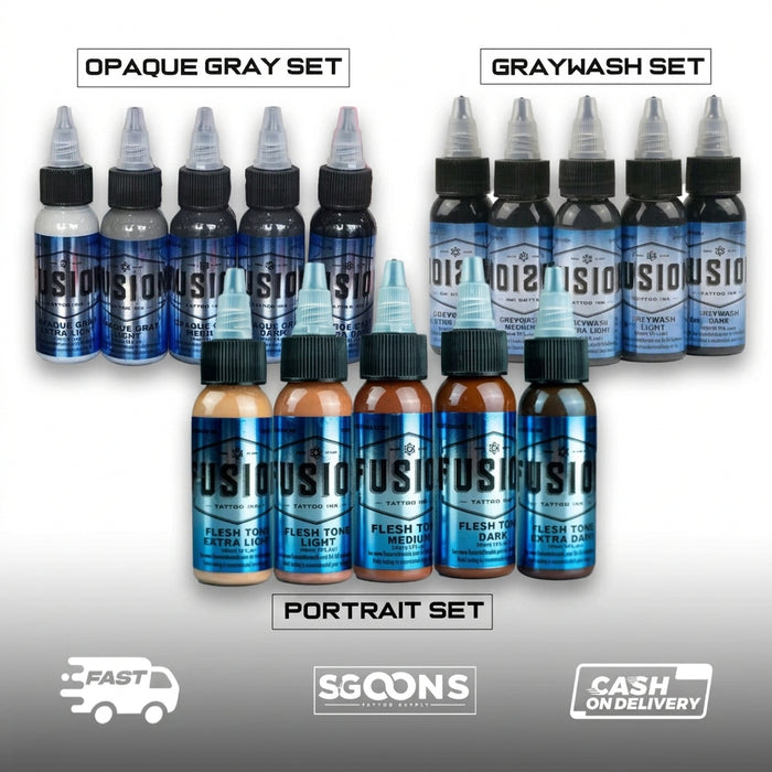 Fusion Tattoo Portrait Set Opaque Gray Gray Wash Flesh Tone Ink Made in USA | SGOONS TATTOO SUPPLY